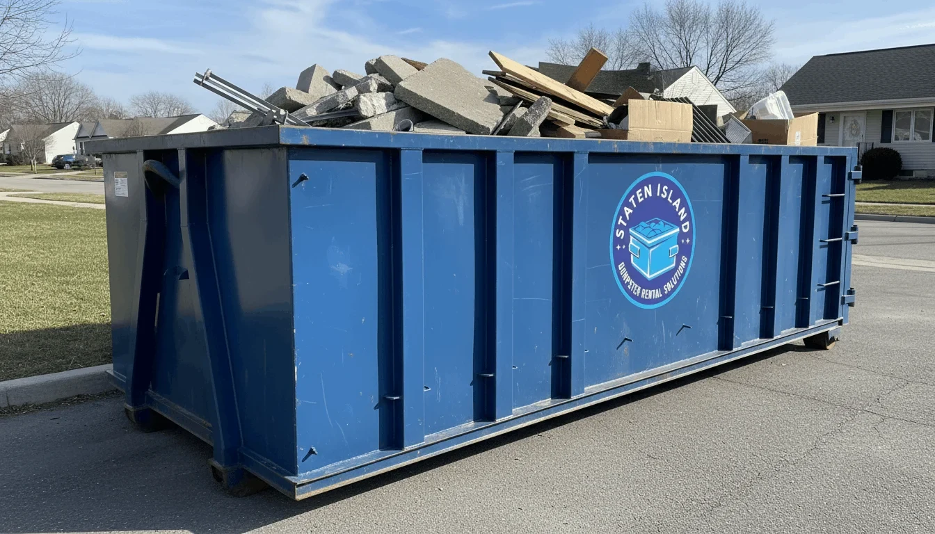 Blue 10 yard roll-off dumpster from Staten Island Dumpster Rental Solutions, sized for a small Staten Island, NY cleanout