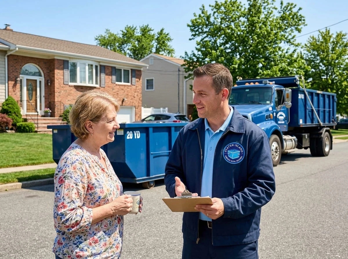 A Staten Island Dumpster Rental Solutions driver talking through a delivery with a Staten Island, NY homeowner A Staten Island Dumpster Rental Solutions driver talking through a delivery with a Staten Island, NY homeowner