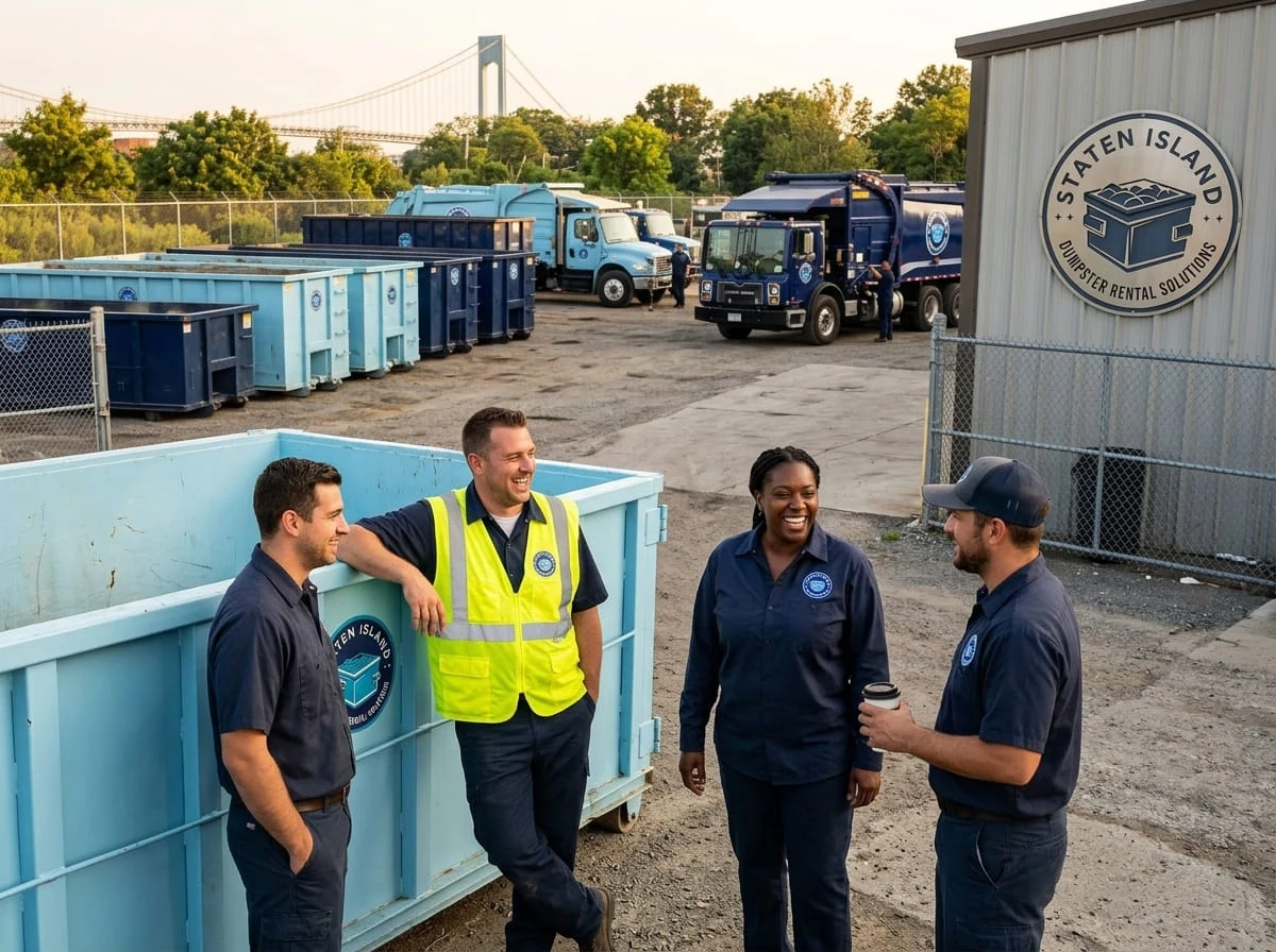 Staten Island Dumpster Rental Solutions crew at our Staten Island yard with the Verrazzano-Narrows Bridge in the background
