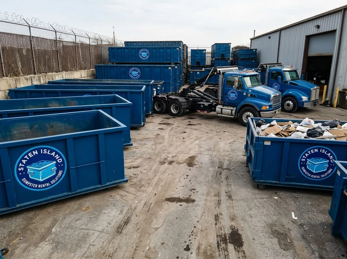 Trucks staged at the Staten Island Dumpster Rental Solutions yard on 6845 Amboy Rd in Staten Island, NY